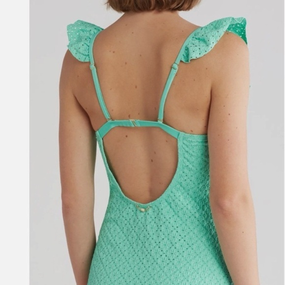 Betsey Johnson Biscay Green 1 piece Ruffle strap eyelet Swimsuit size small new - Picture 4 of 5